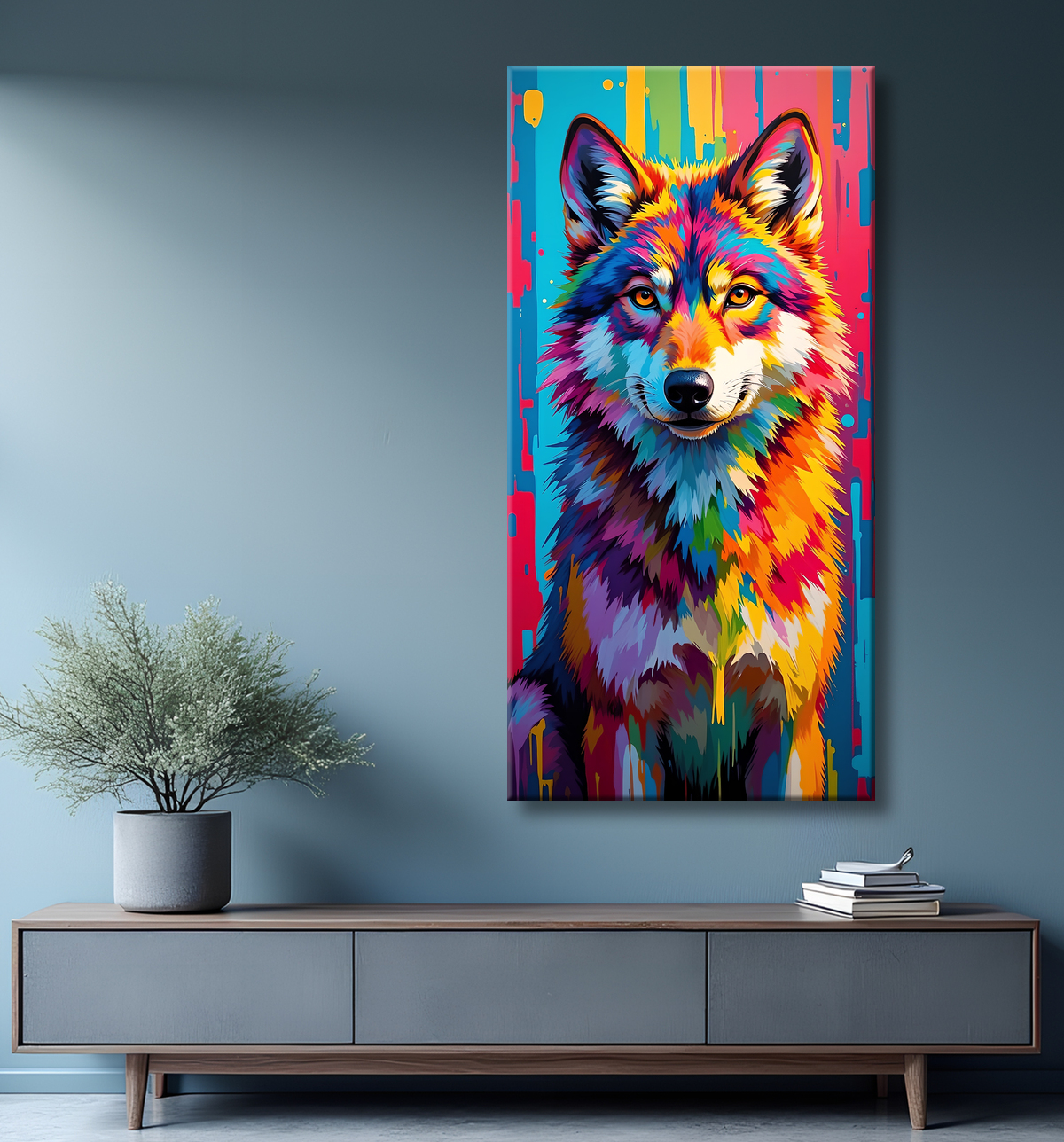 Tableau loup pop art - Portrait vibrant et sauvage avec decor