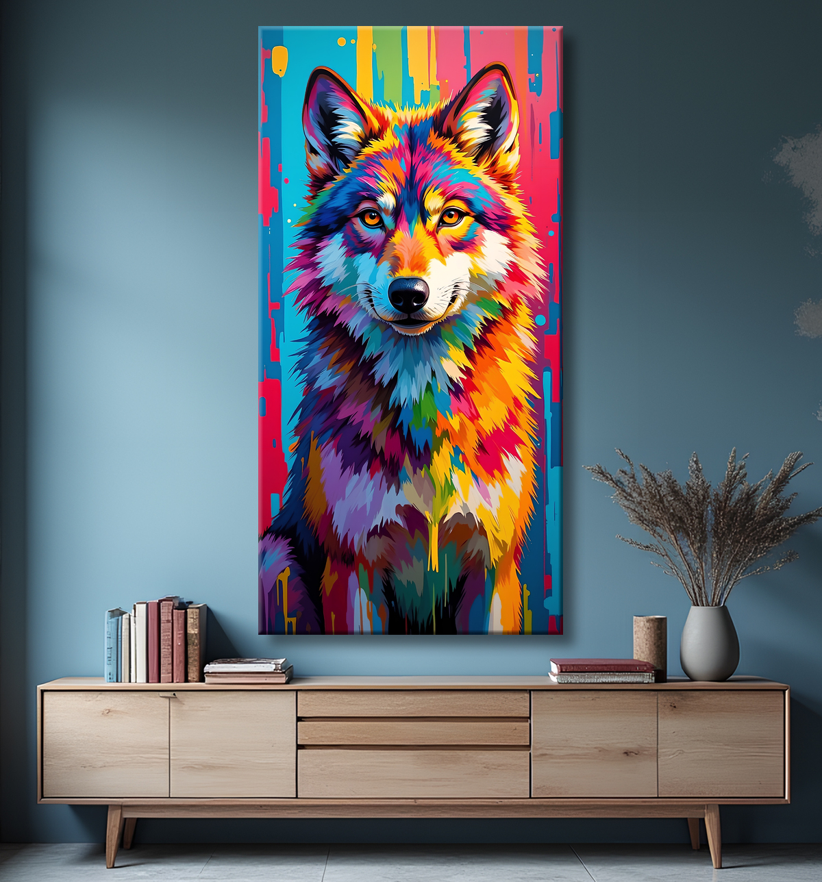 Tableau loup pop art - Portrait vibrant et sauvage avec decor