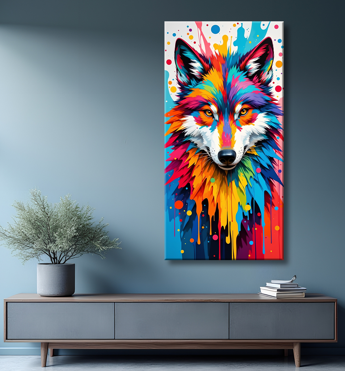 Tableau loup pop art - Portrait vibrant et sauvage avec decor