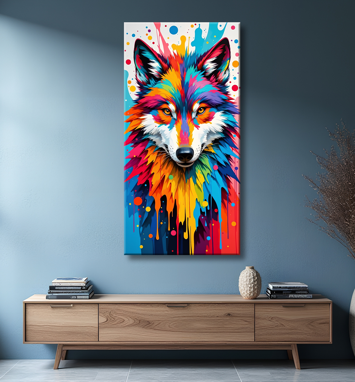 Tableau loup pop art - Portrait vibrant et sauvage avec decor