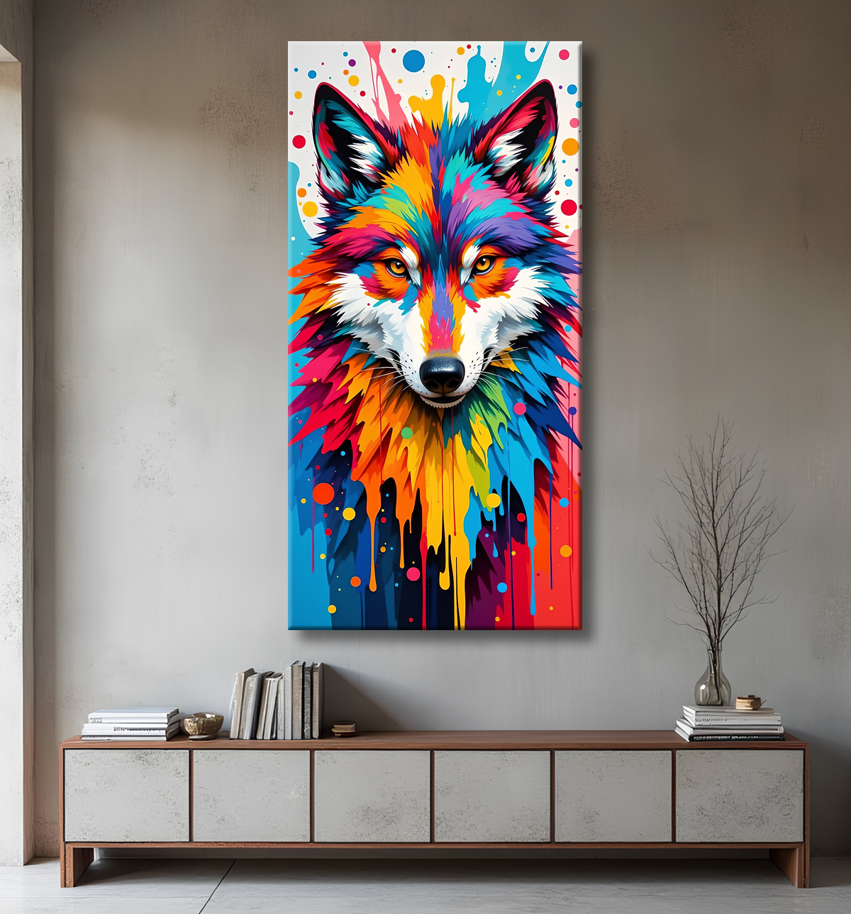 Tableau loup pop art - Portrait vibrant et sauvage avec decor