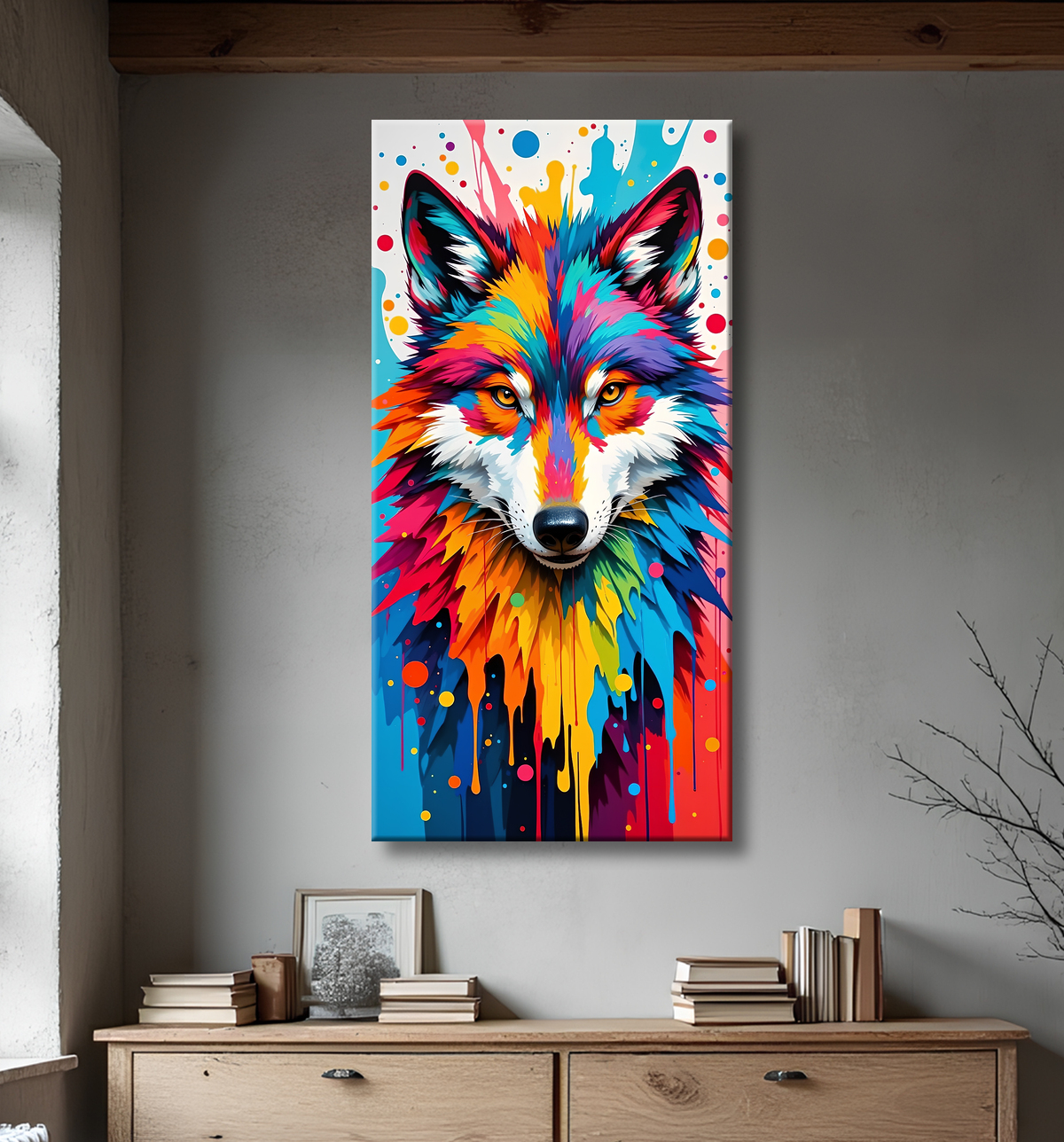Tableau loup pop art - Portrait vibrant et sauvage avec decor