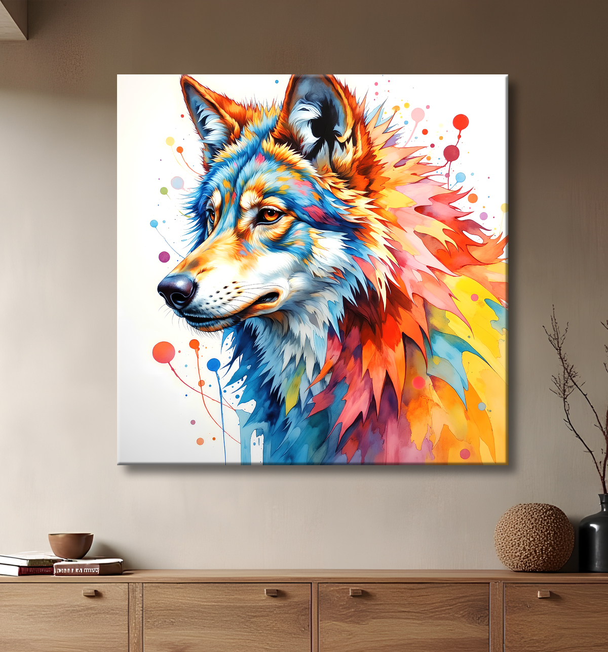 Tableau loup pop art fond blanc - Portrait aérien et raffiné avec decor