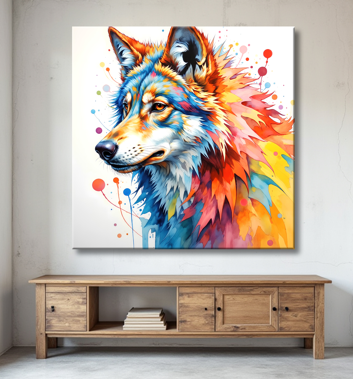 Tableau loup pop art fond blanc - Portrait aérien et raffiné avec decor