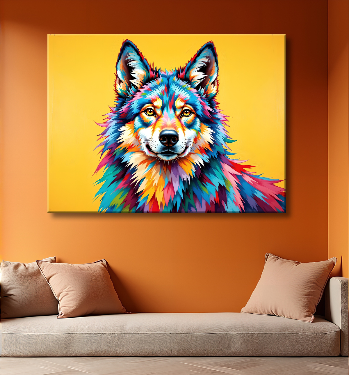Tableau loup pop art fond jaune - Portrait moderne et expressif avec decor