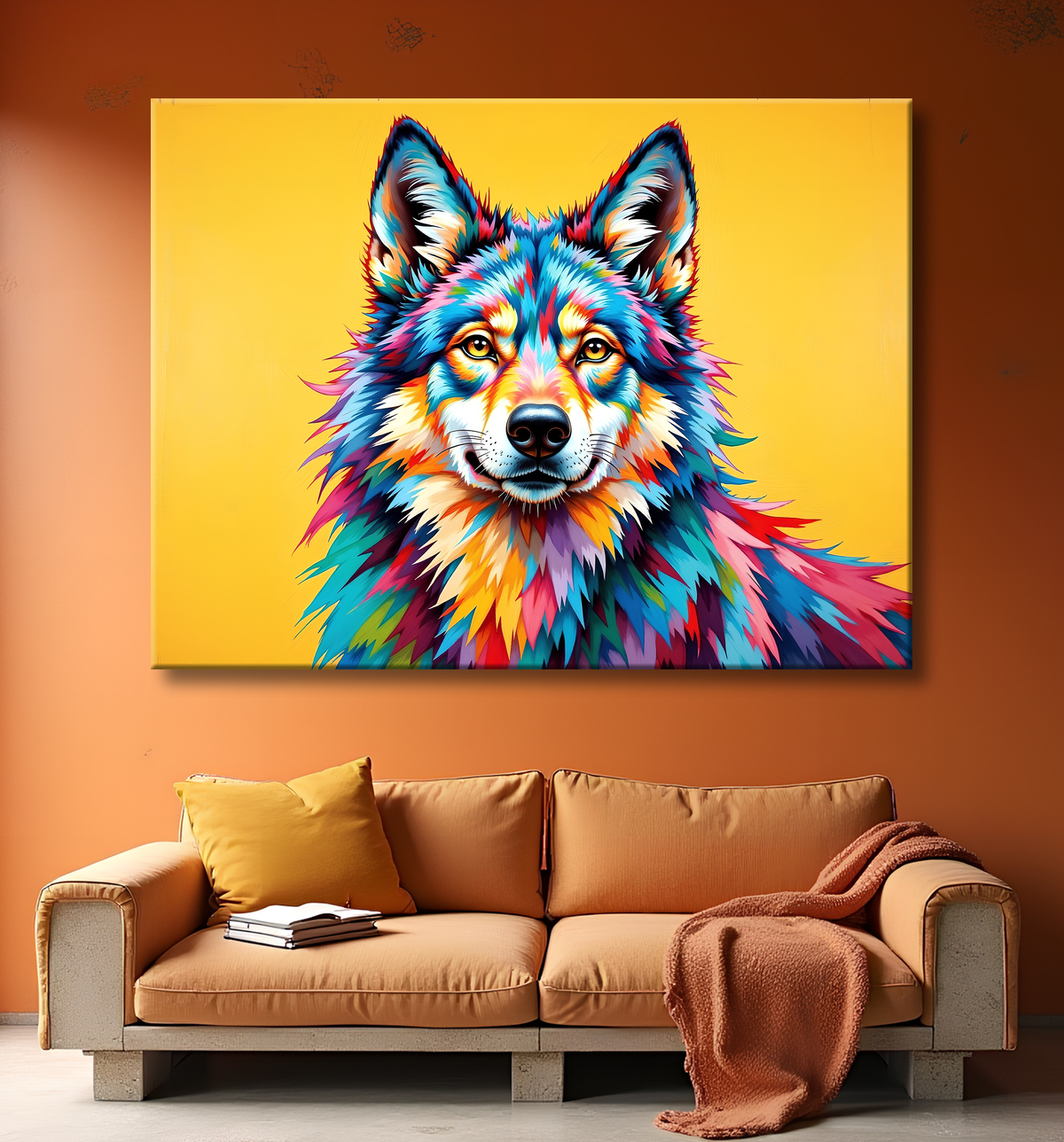 Tableau loup pop art fond jaune - Portrait moderne et expressif avec decor