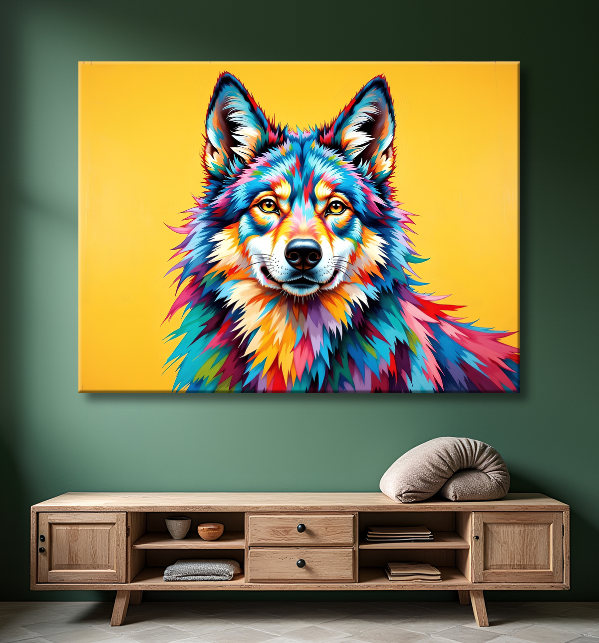 Tableau loup pop art fond jaune - Portrait moderne et expressif avec decor