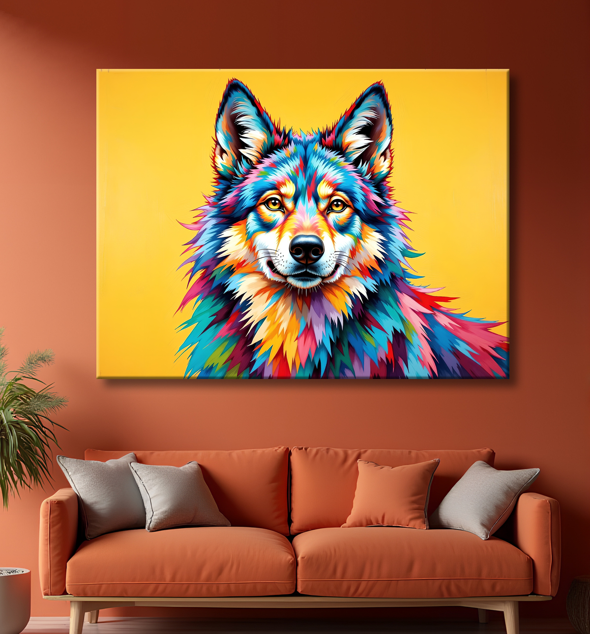 Tableau loup pop art fond jaune - Portrait moderne et expressif avec decor