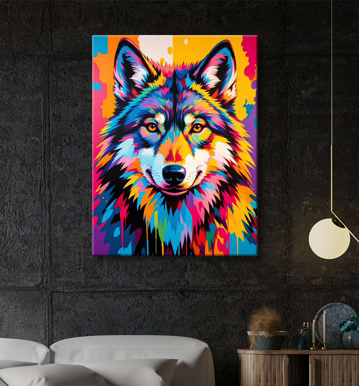 Tableau loup pop art - Portrait vibrant et sauvage avec decor