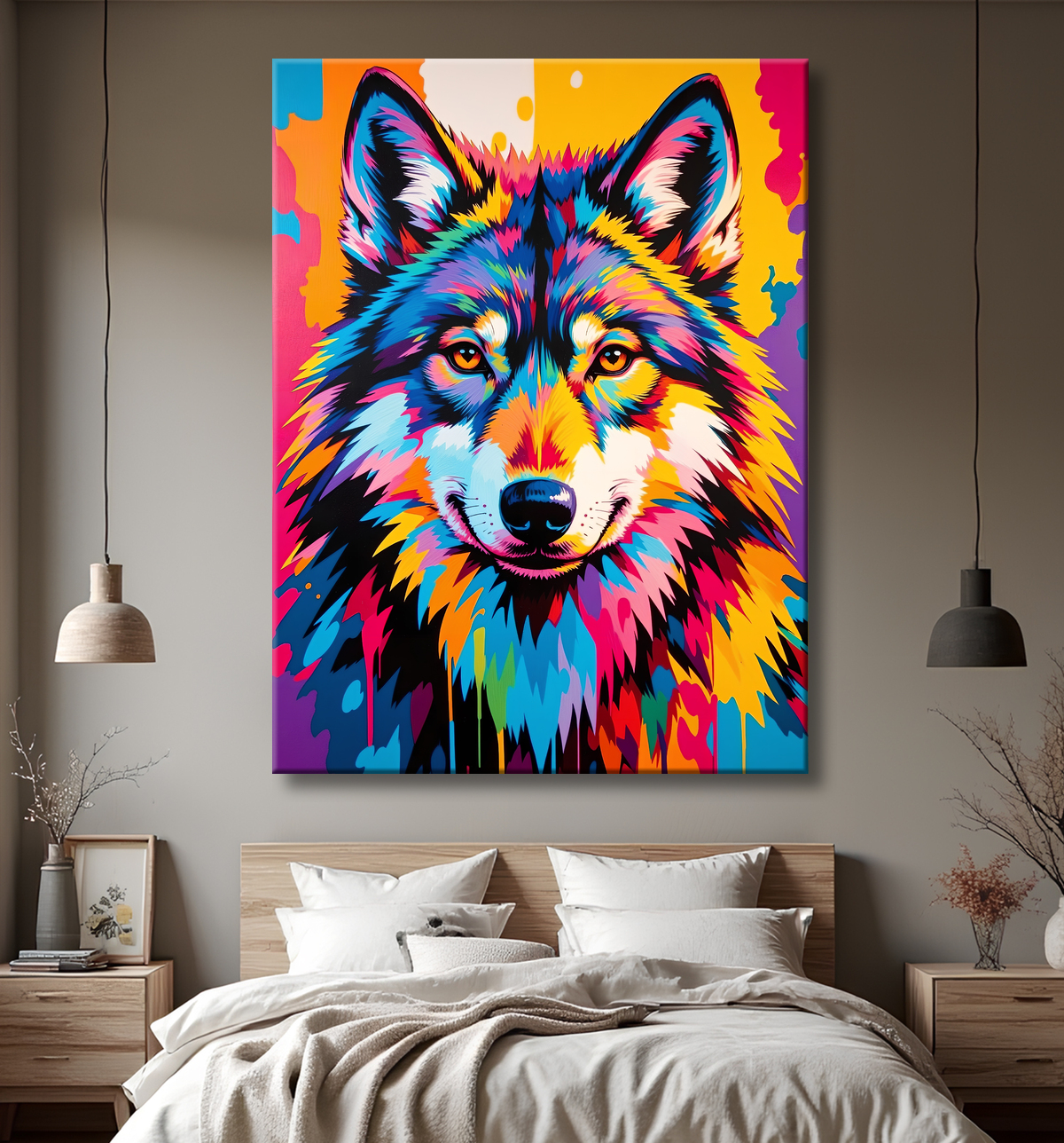 Tableau loup pop art - Portrait vibrant et sauvage avec decor