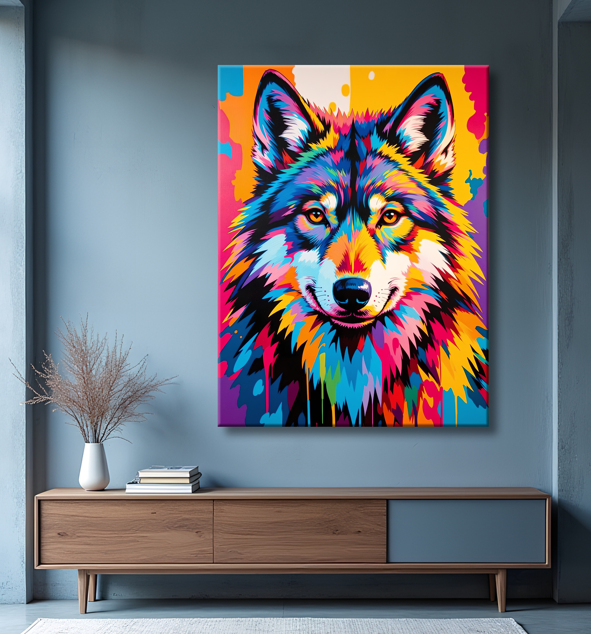 Tableau loup pop art - Portrait vibrant et sauvage avec decor