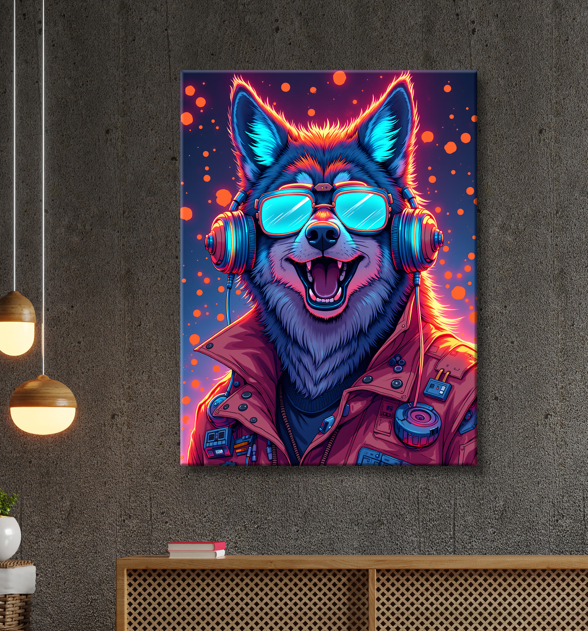 Tableau loup punk pop - Portrait néon et psychédélique avec decor