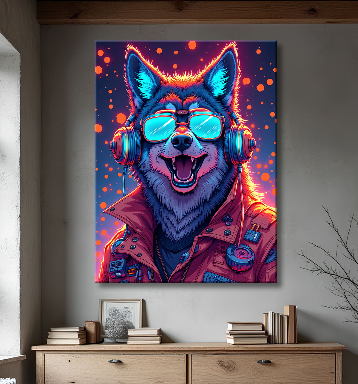 Tableau loup punk pop - Portrait néon et psychédélique avec decor