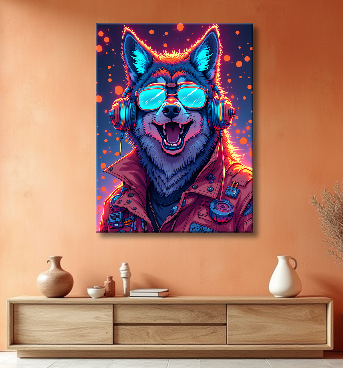 Tableau loup punk pop - Portrait néon et psychédélique avec decor