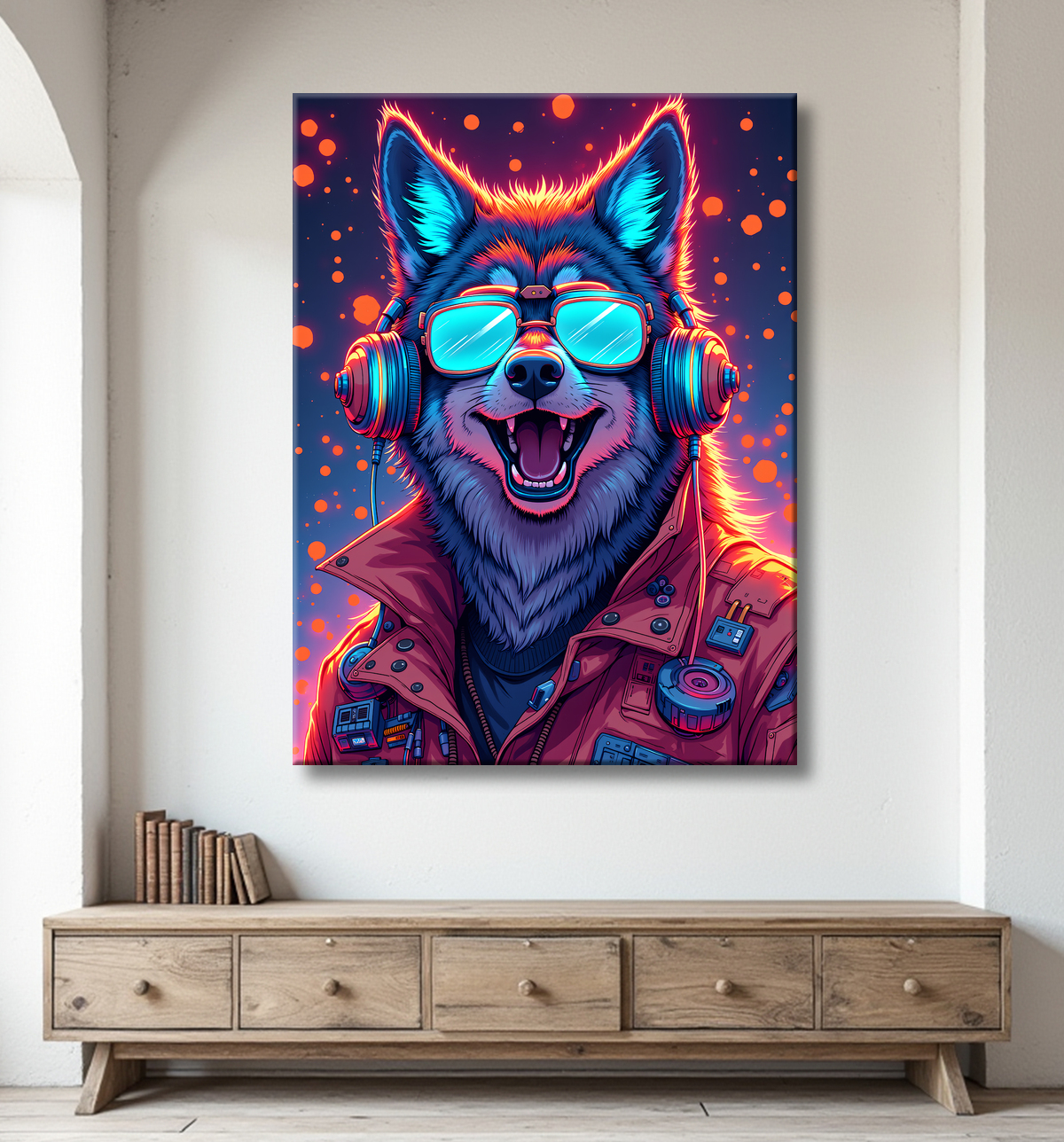 Tableau loup punk pop - Portrait néon et psychédélique avec decor