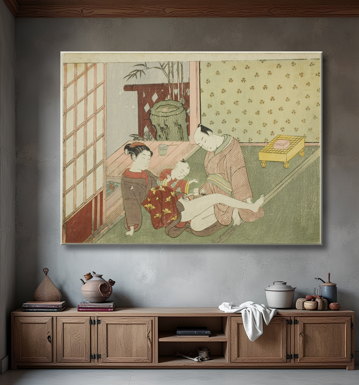 Reproduction Lovers with Young Attendant Looking on, d'une série sans titre d'estampes érotiques de Suzuki Harunobu avec decor