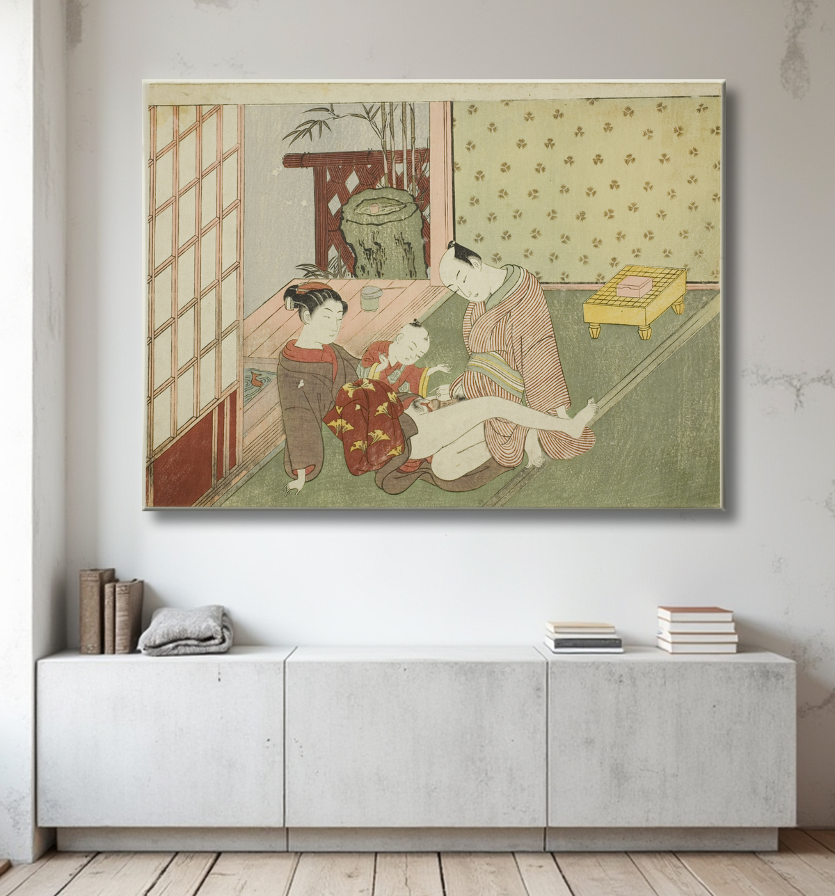 Reproduction Lovers with Young Attendant Looking on, d'une série sans titre d'estampes érotiques de Suzuki Harunobu avec decor
