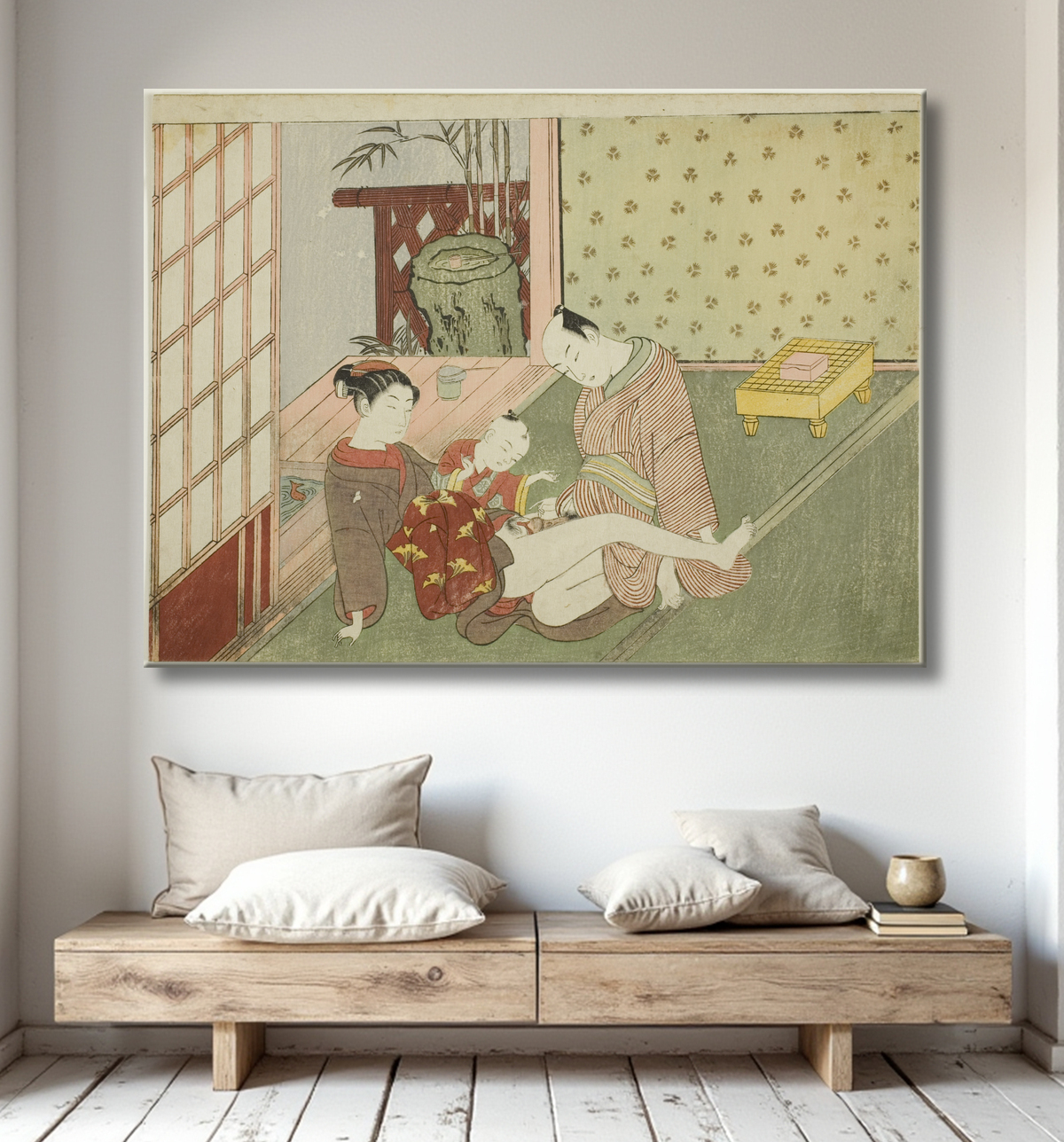 Reproduction Lovers with Young Attendant Looking on, d'une série sans titre d'estampes érotiques de Suzuki Harunobu avec decor