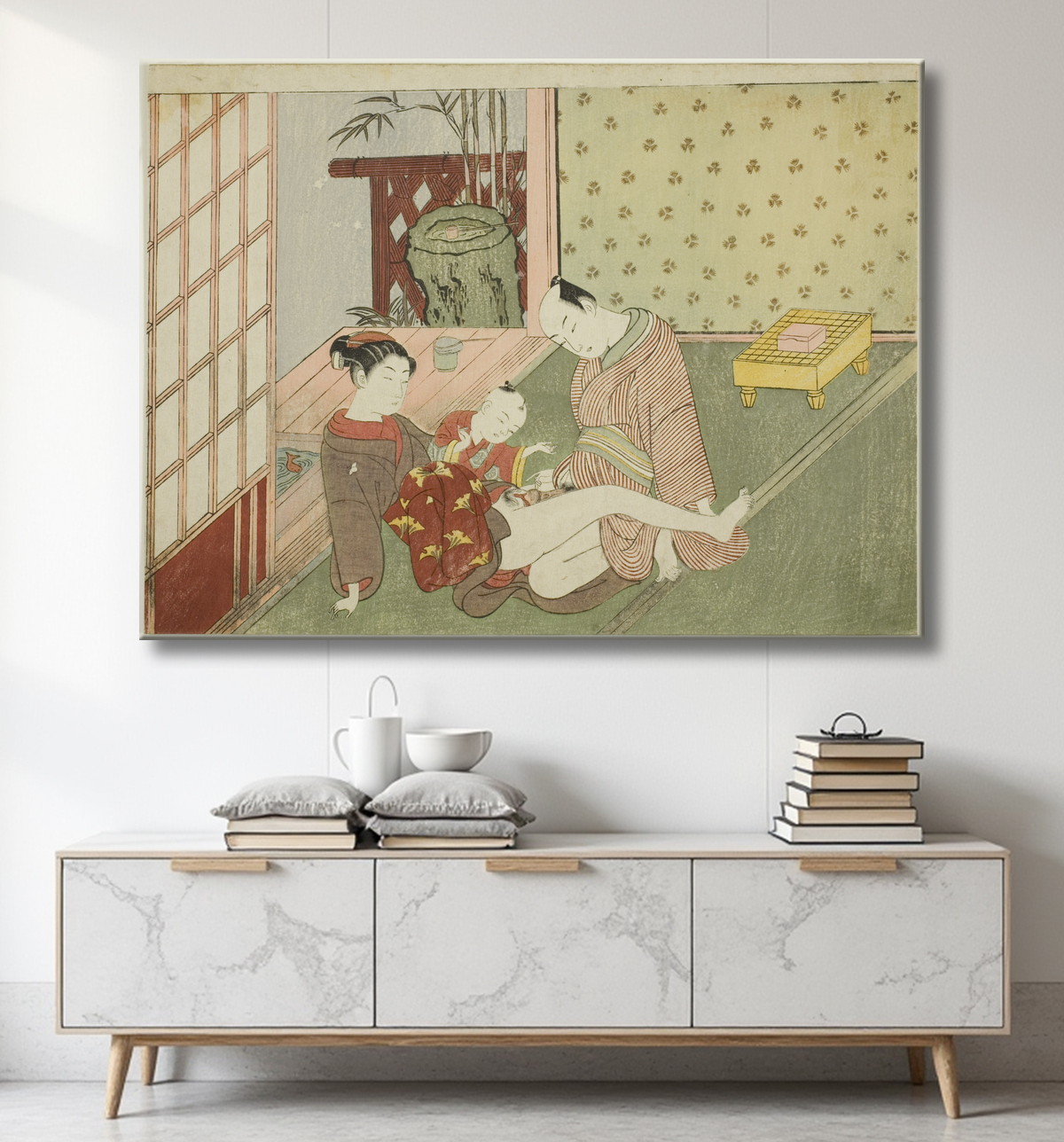 Reproduction Lovers with Young Attendant Looking on, d'une série sans titre d'estampes érotiques de Suzuki Harunobu avec decor