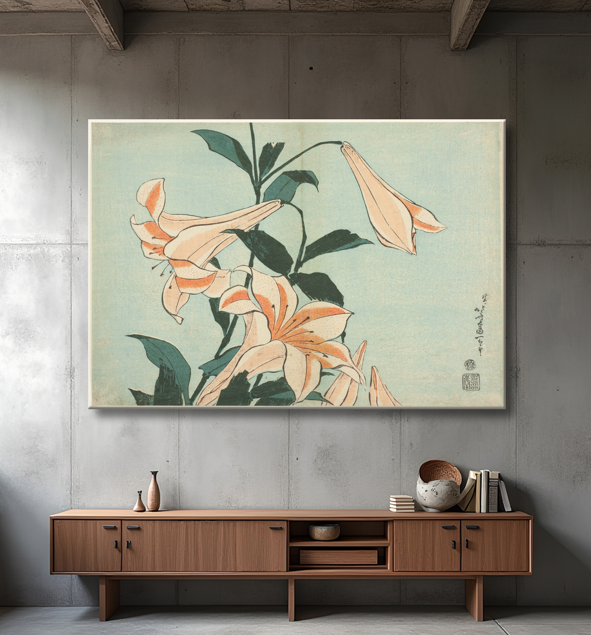 Reproduction Lys, d'une série sans titre de grandes fleurs de Katsushika Hokusai avec decor