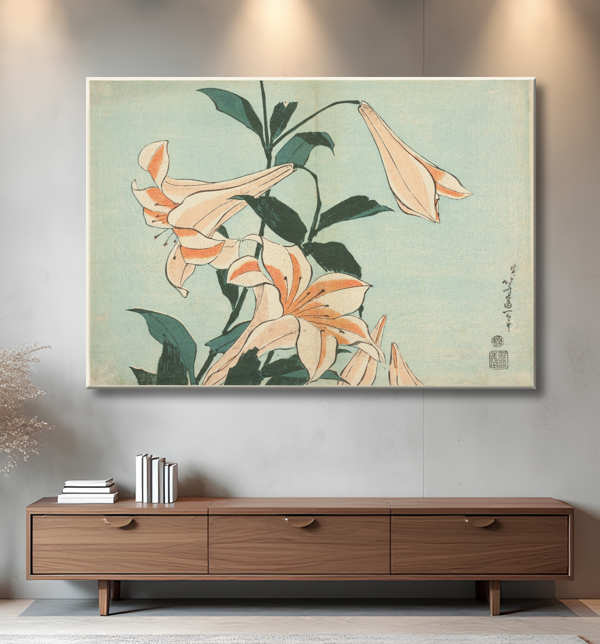Reproduction Lys, d'une série sans titre de grandes fleurs de Katsushika Hokusai avec decor