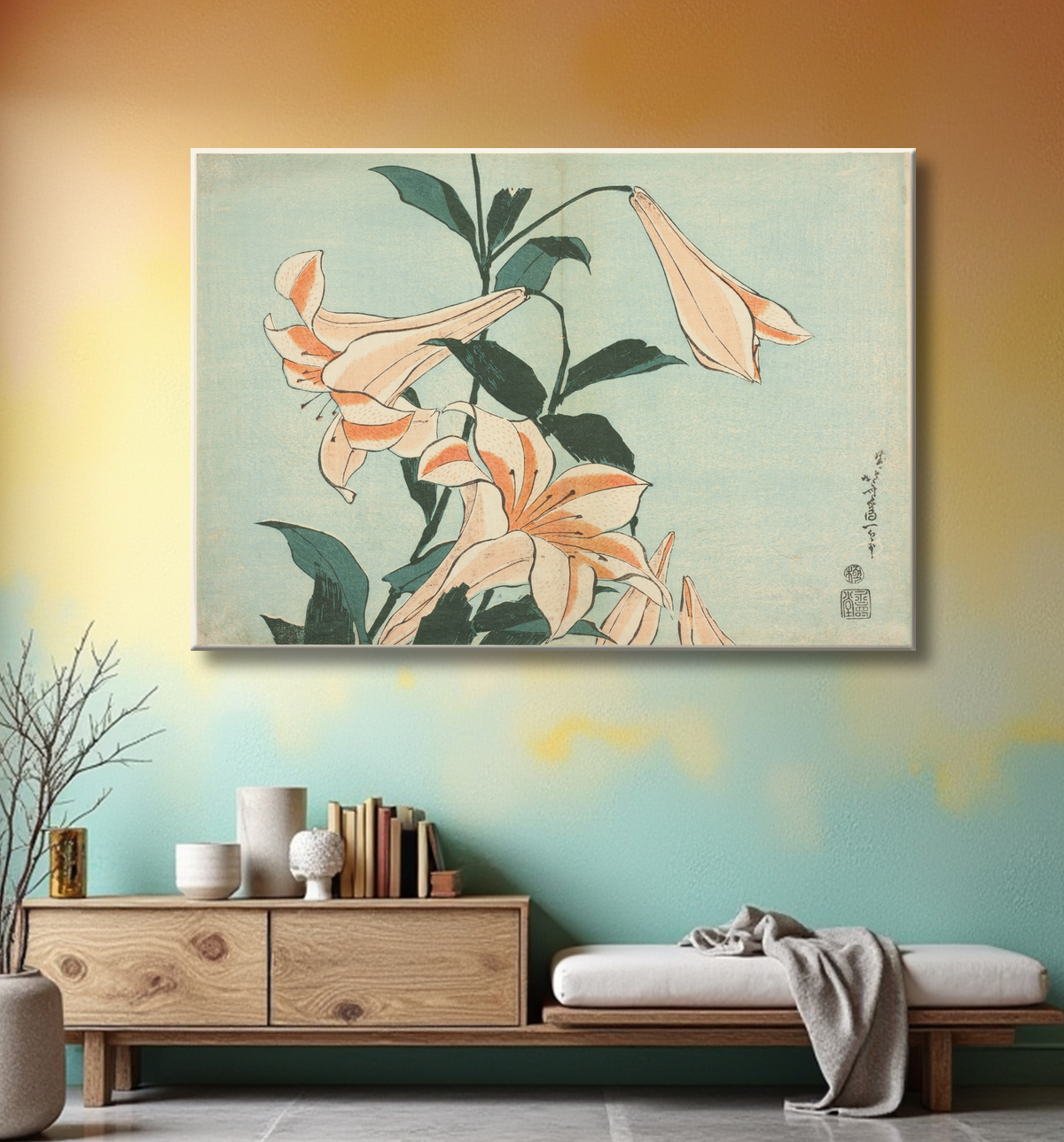 Reproduction Lys, d'une série sans titre de grandes fleurs de Katsushika Hokusai avec decor