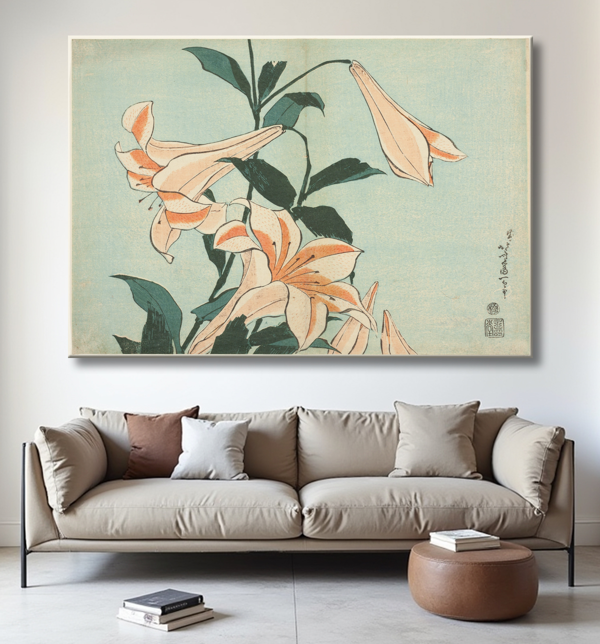 Reproduction Lys, d'une série sans titre de grandes fleurs de Katsushika Hokusai avec decor