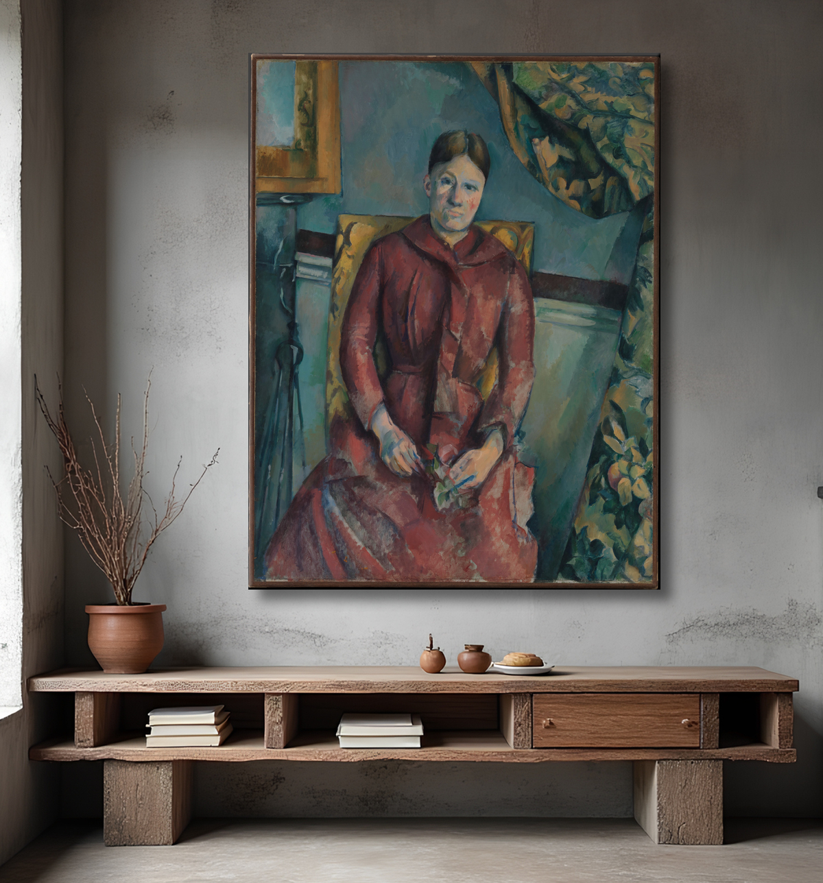 Reproduction Madame Cézanne (Hortense Fiquet, 1850-1922) en robe rouge de Paul Cézanne avec decor