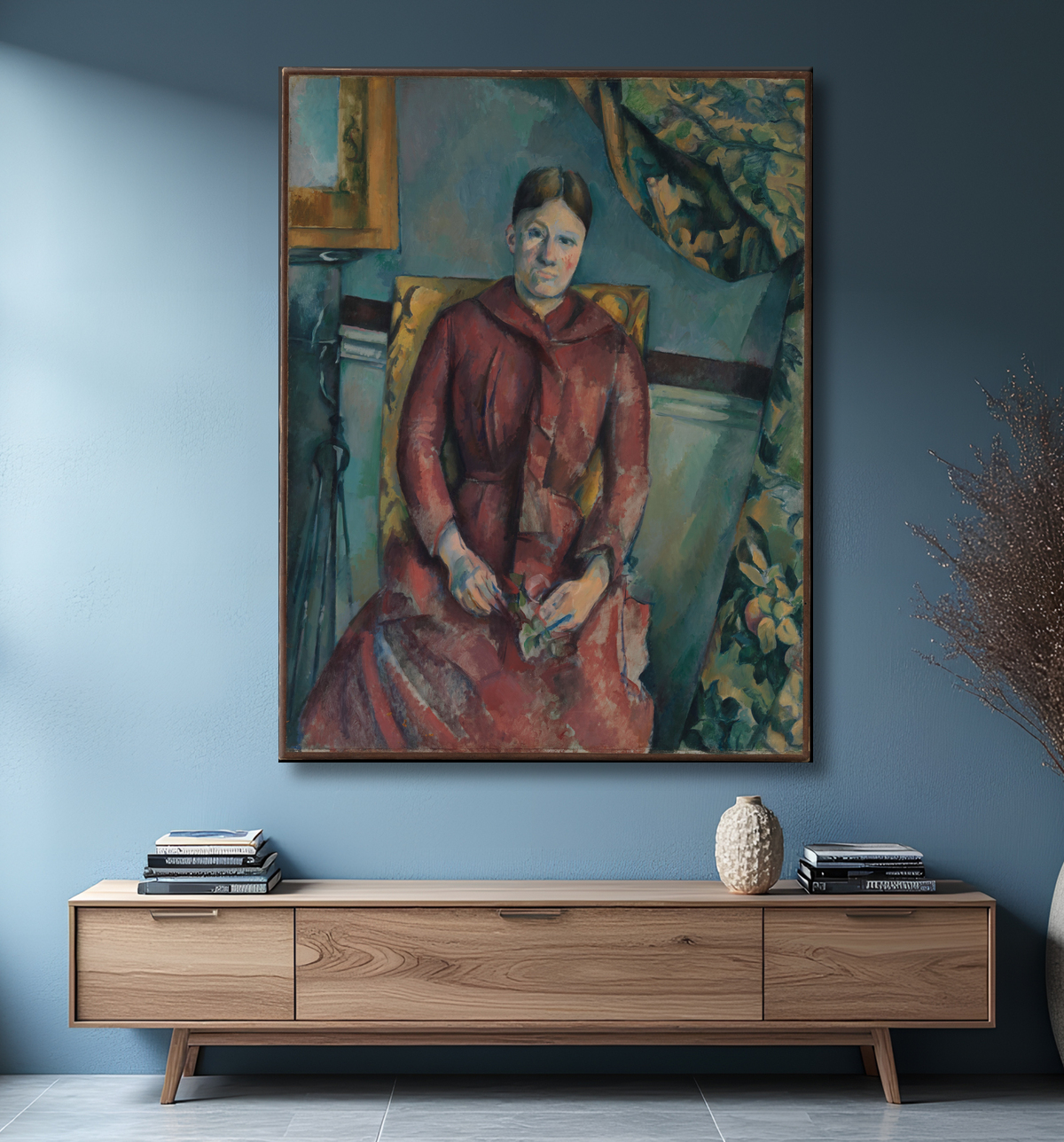 Reproduction Madame Cézanne (Hortense Fiquet, 1850-1922) en robe rouge de Paul Cézanne avec decor