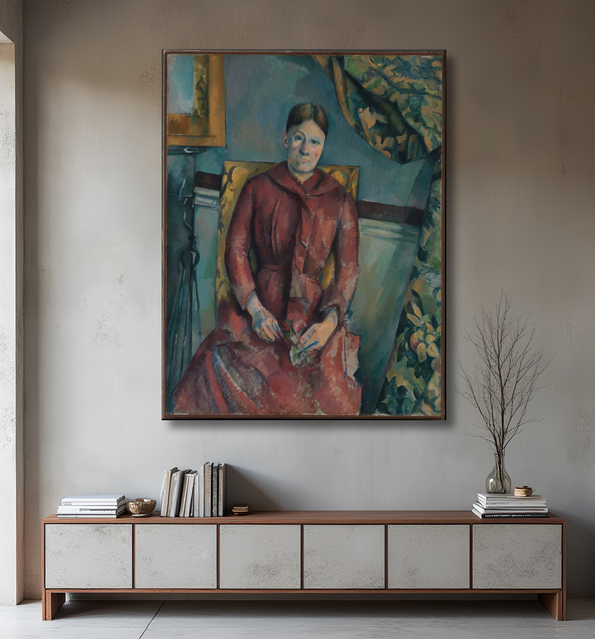 Reproduction Madame Cézanne (Hortense Fiquet, 1850-1922) en robe rouge de Paul Cézanne avec decor