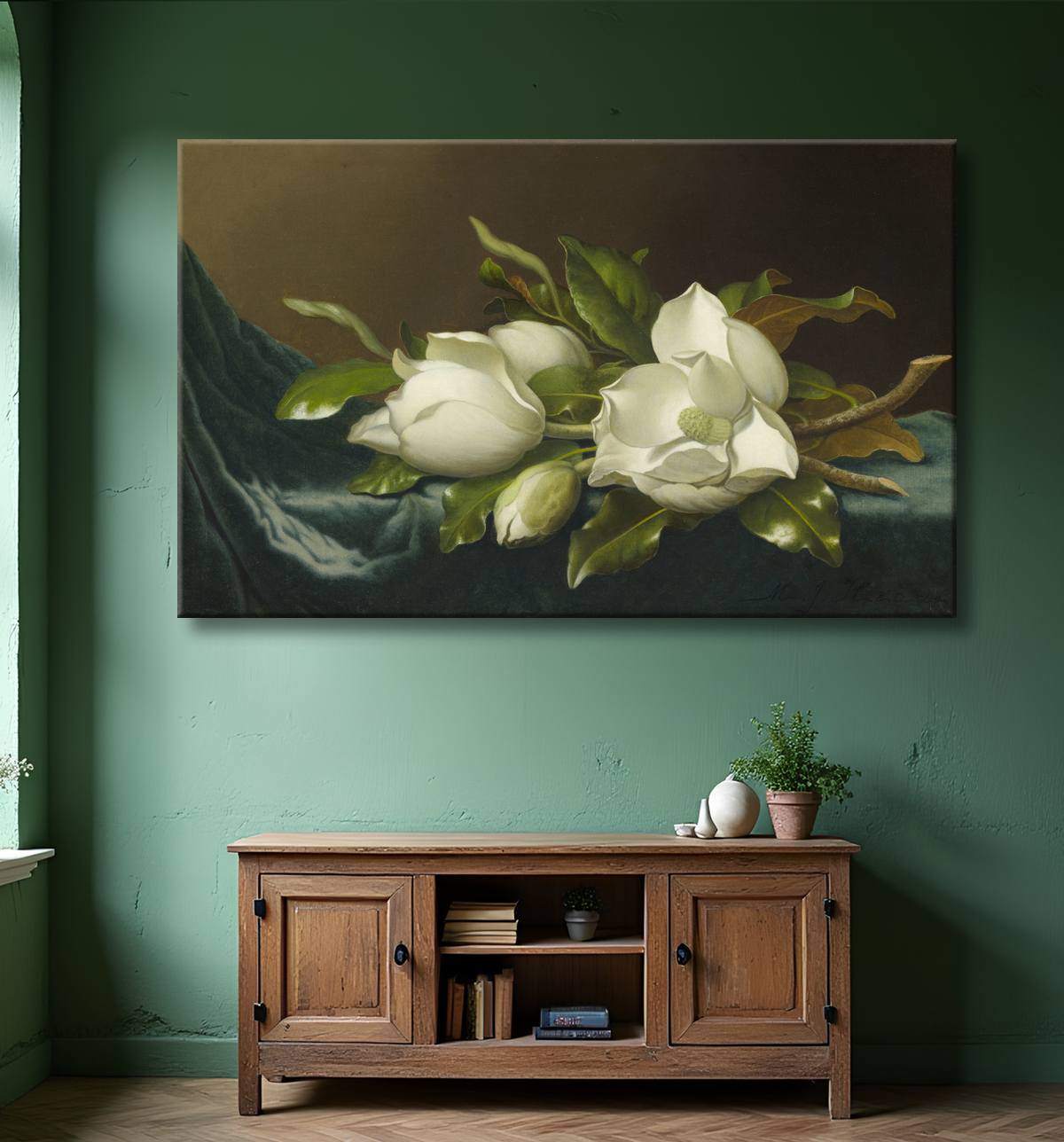 Reproduction Magnolias sur tissu velours bleu clair de Martin Johnson Heade avec decor