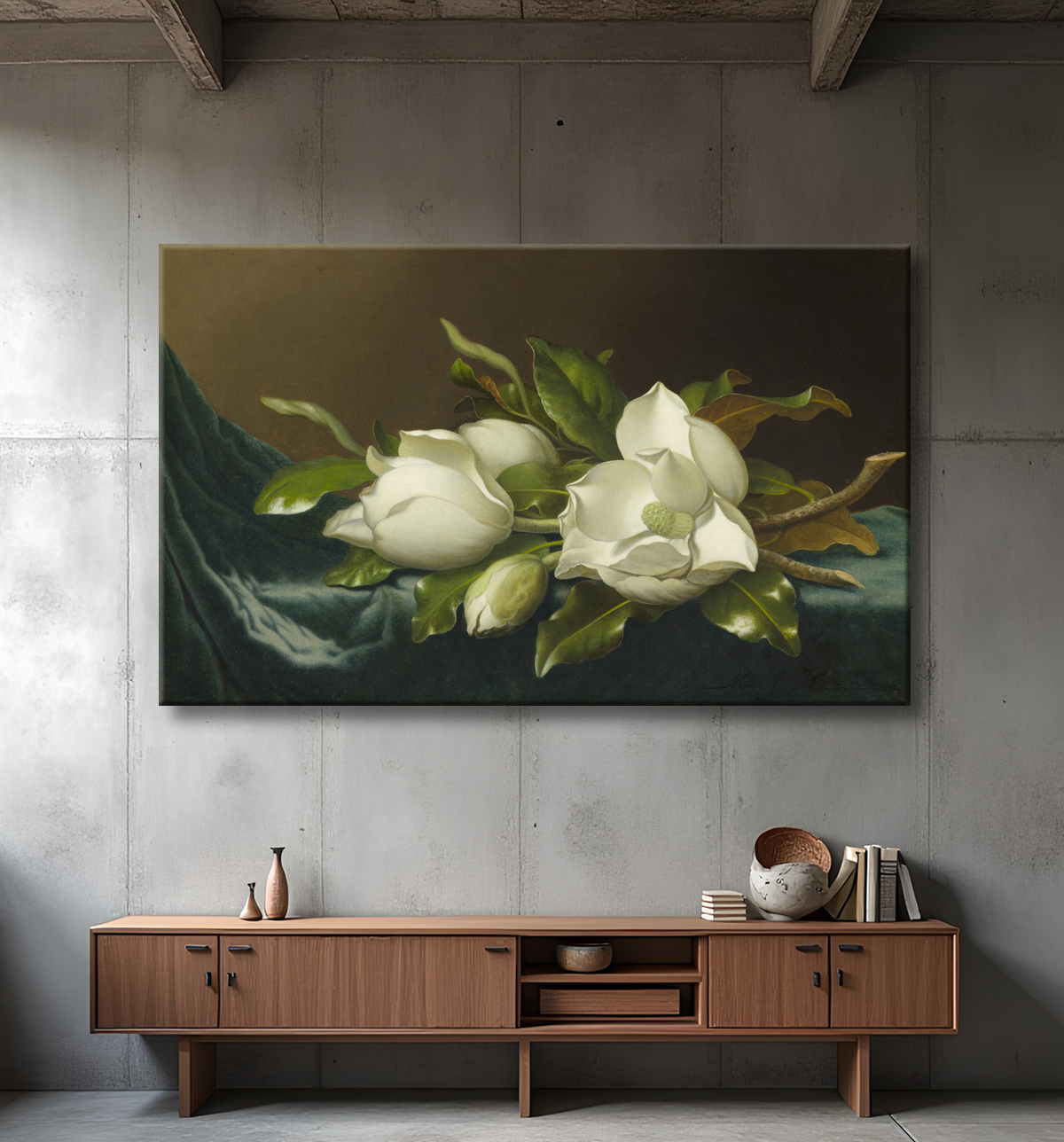 Reproduction Magnolias sur tissu velours bleu clair de Martin Johnson Heade avec decor