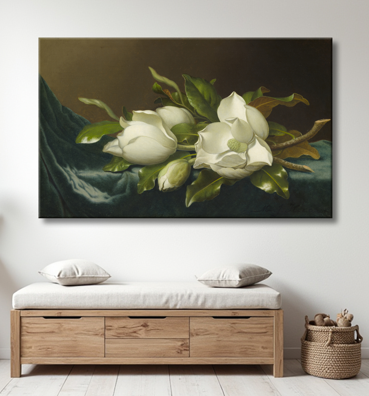 Reproduction Magnolias sur tissu velours bleu clair de Martin Johnson Heade avec decor