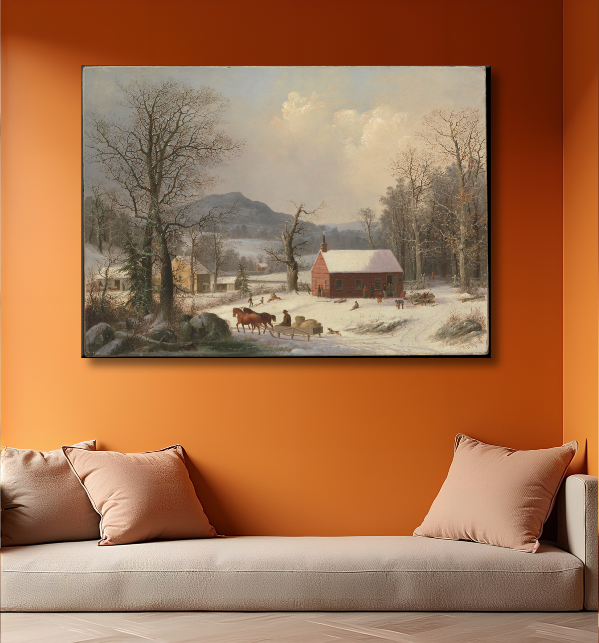 Reproduction Maison de l'école rouge (scène de campagne) de George Henry Durrie avec decor