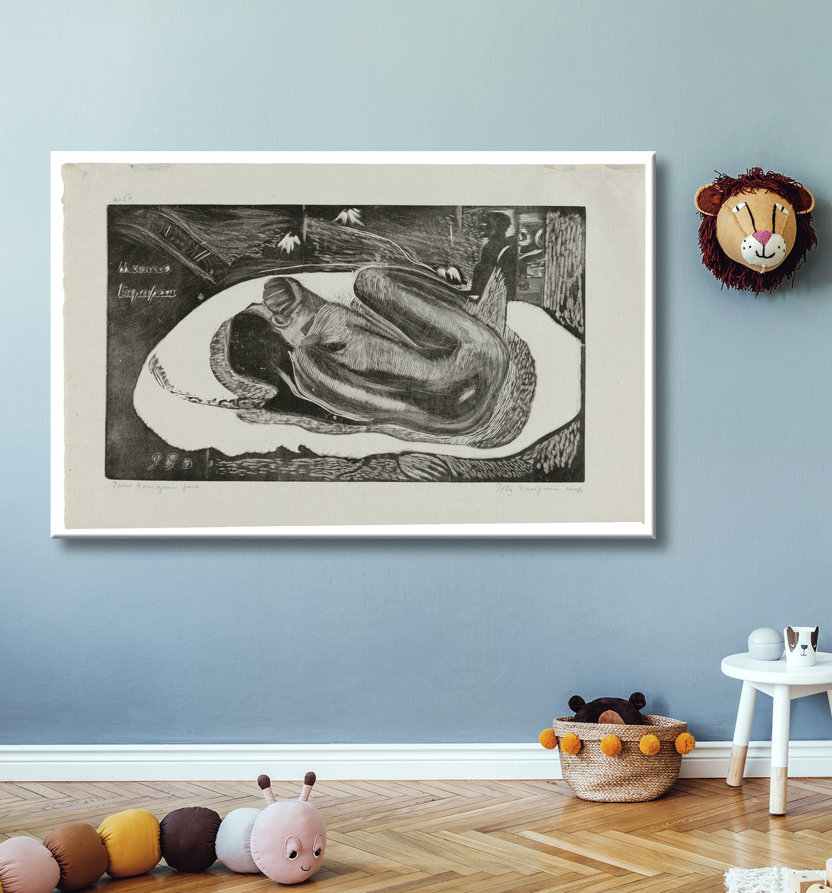 Reproduction Manao tupapau (Elle pense au fantôme ou Le fantôme pense à elle), de la suite Noa Noa de Paul Gauguin avec decor