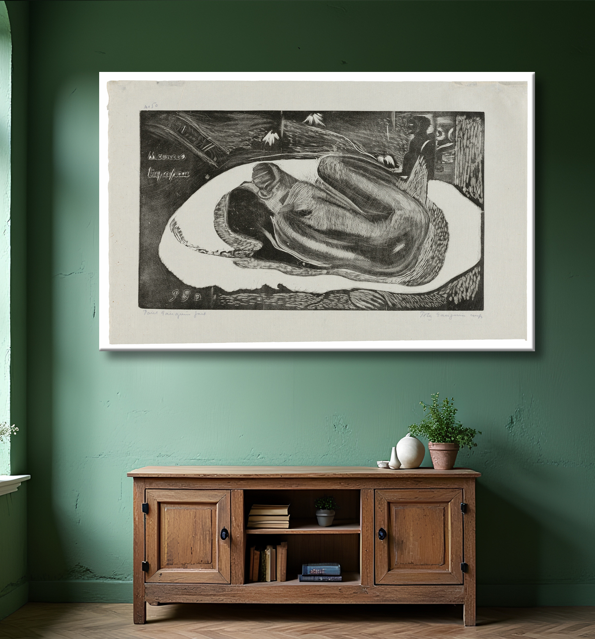 Reproduction Manao tupapau (Elle pense au fantôme ou Le fantôme pense à elle), de la suite Noa Noa de Paul Gauguin avec decor
