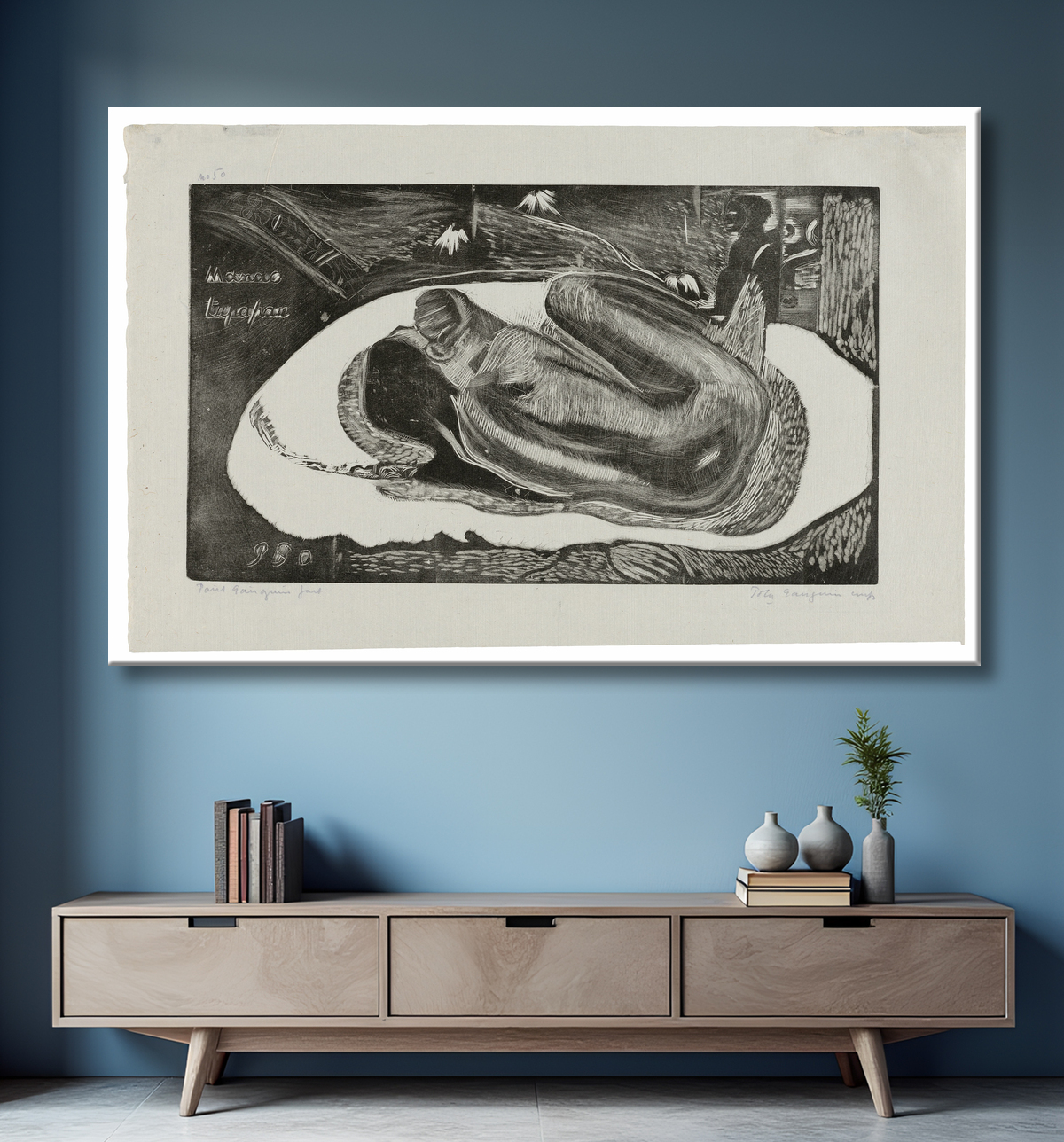 Reproduction Manao tupapau (Elle pense au fantôme ou Le fantôme pense à elle), de la suite Noa Noa de Paul Gauguin avec decor