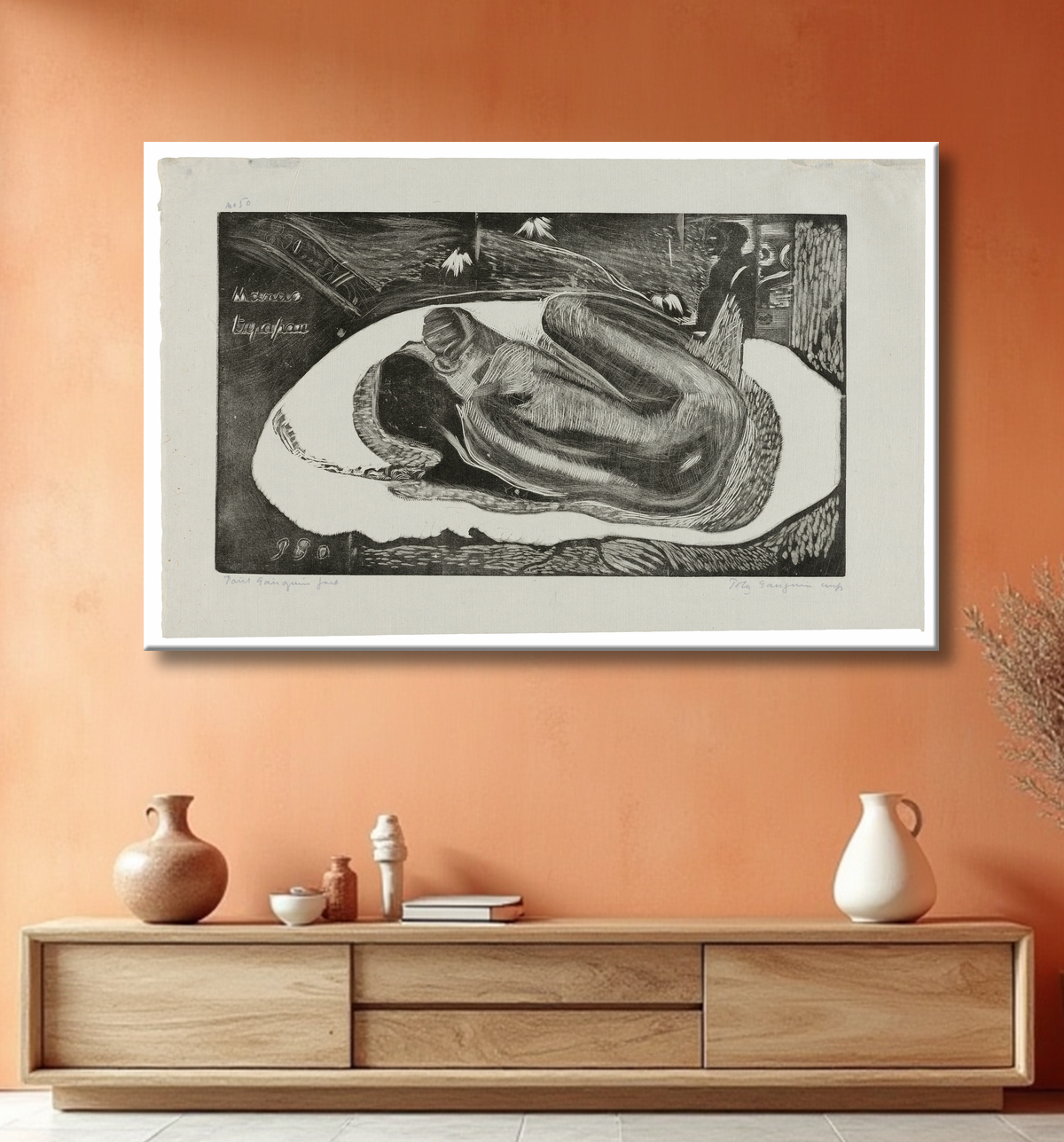 Reproduction Manao tupapau (Elle pense au fantôme ou Le fantôme pense à elle), de la suite Noa Noa de Paul Gauguin avec decor