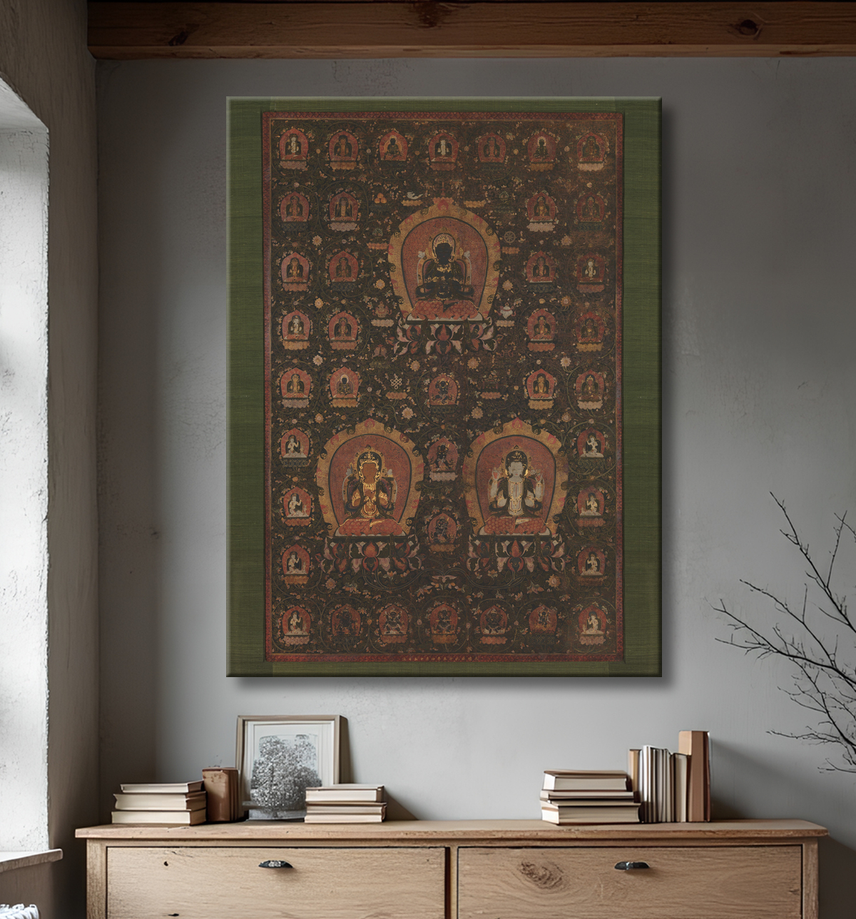 Reproduction Mandala de Vajradhara, Manjushri et Sadakshari -Lokeshvara de Unidentified artist avec decor