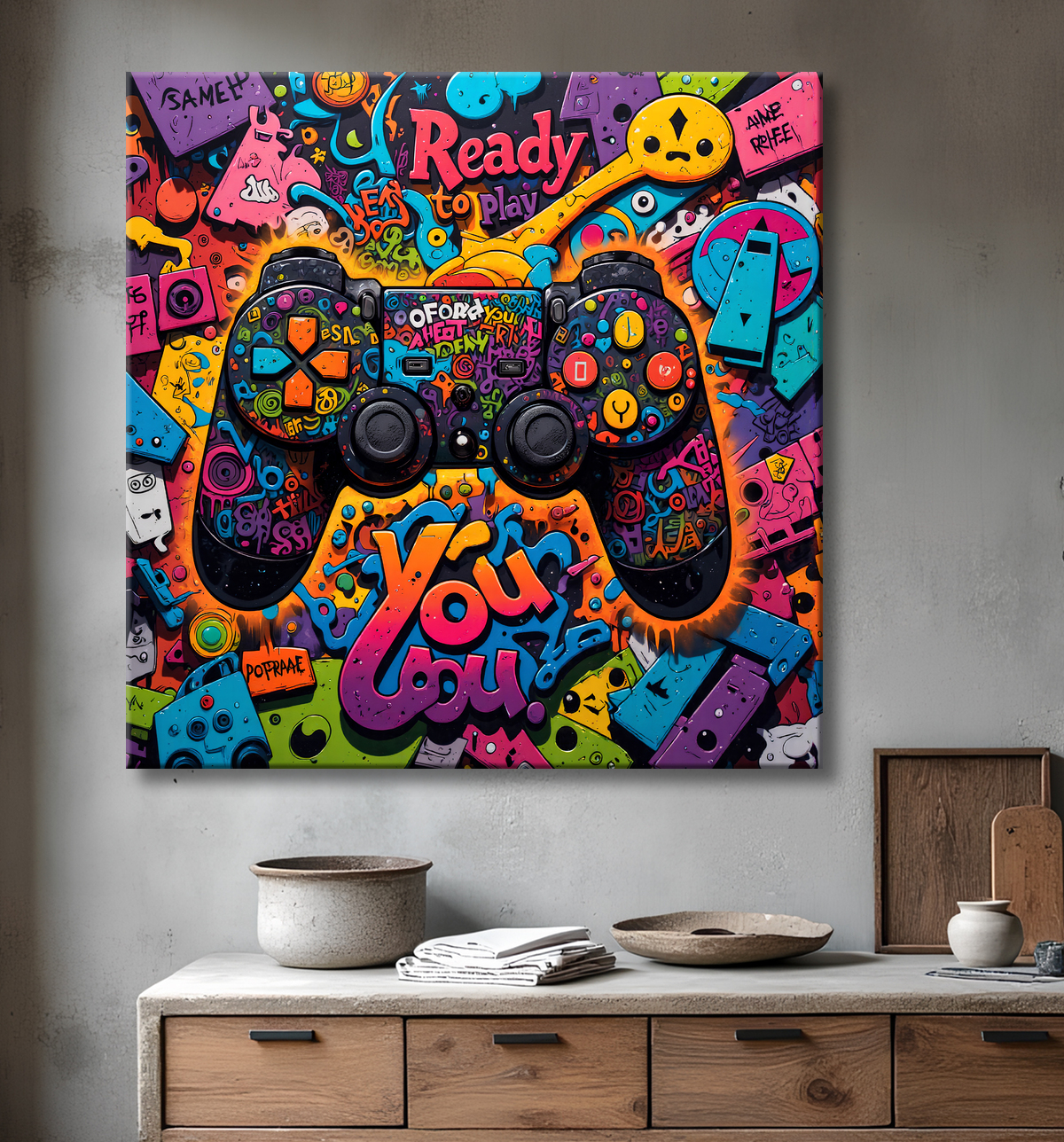 Tableau gaming manette street art avec decor