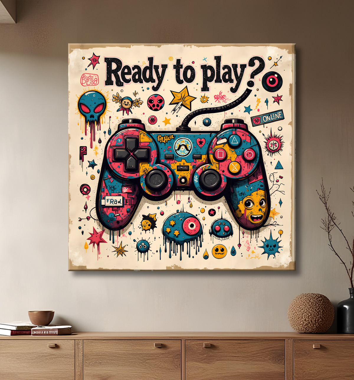 Tableau gaming manette street art avec decor