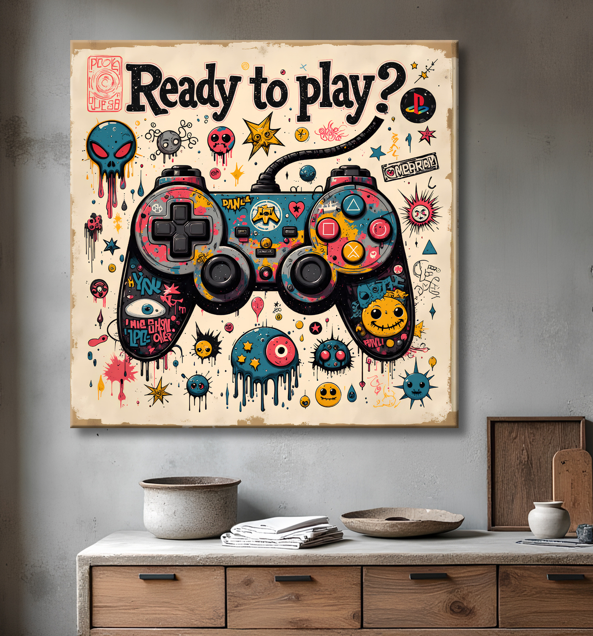 Tableau gaming manette street art avec decor