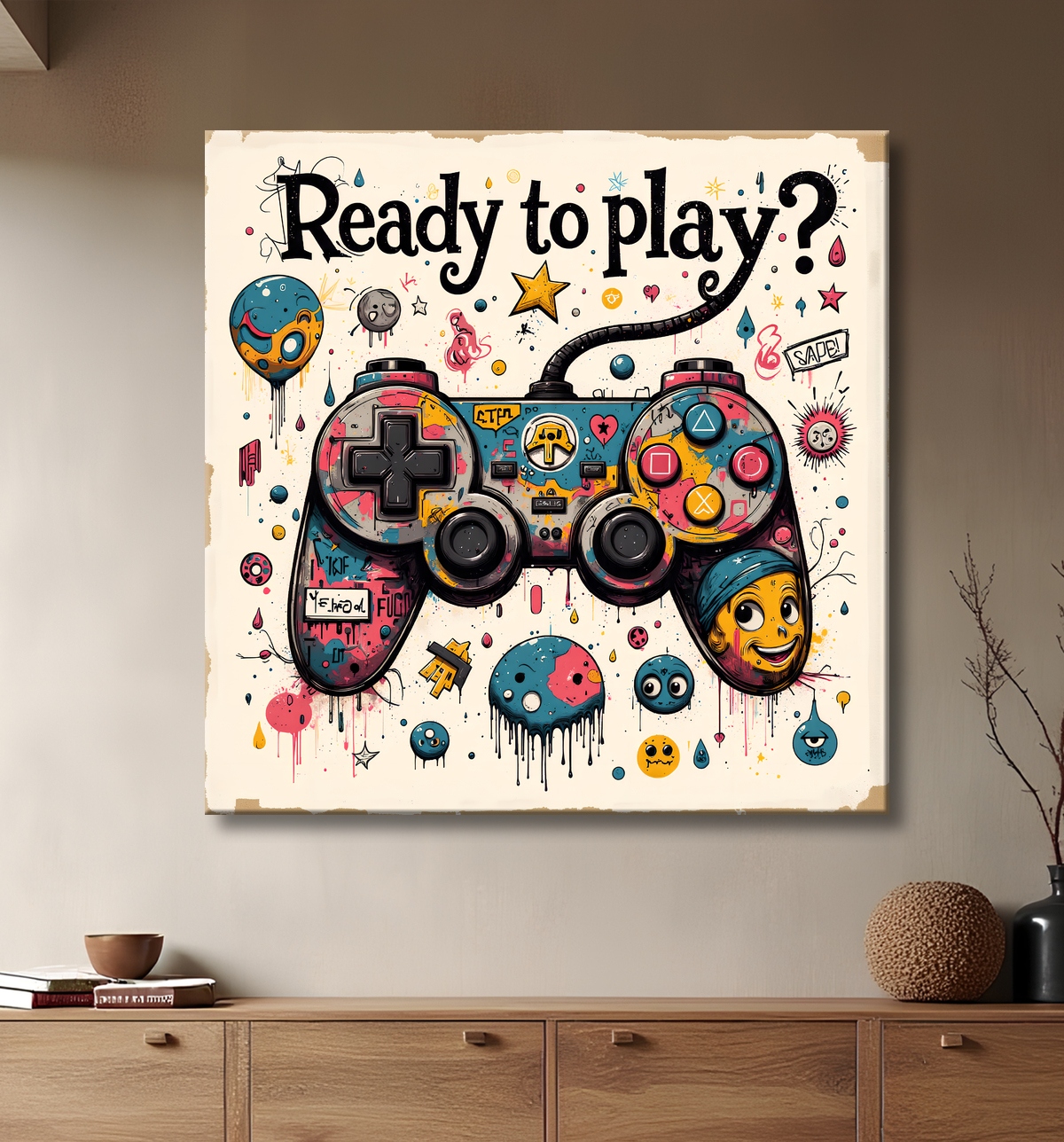 Tableau gaming manette street art avec decor