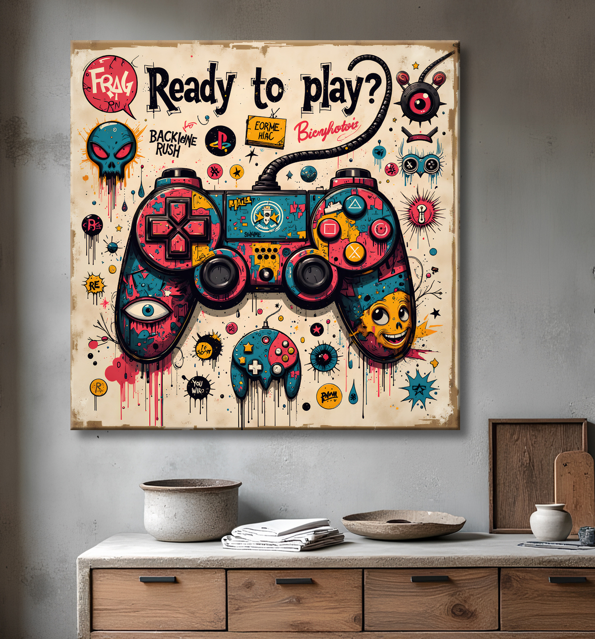 Tableau gaming manette street art avec decor