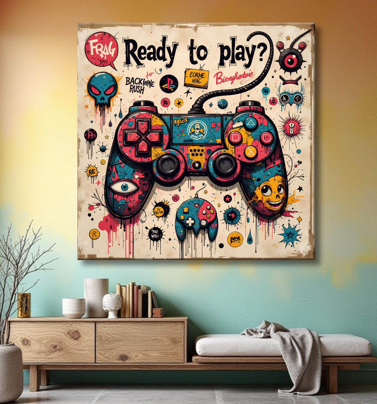 Tableau gaming manette street art avec decor