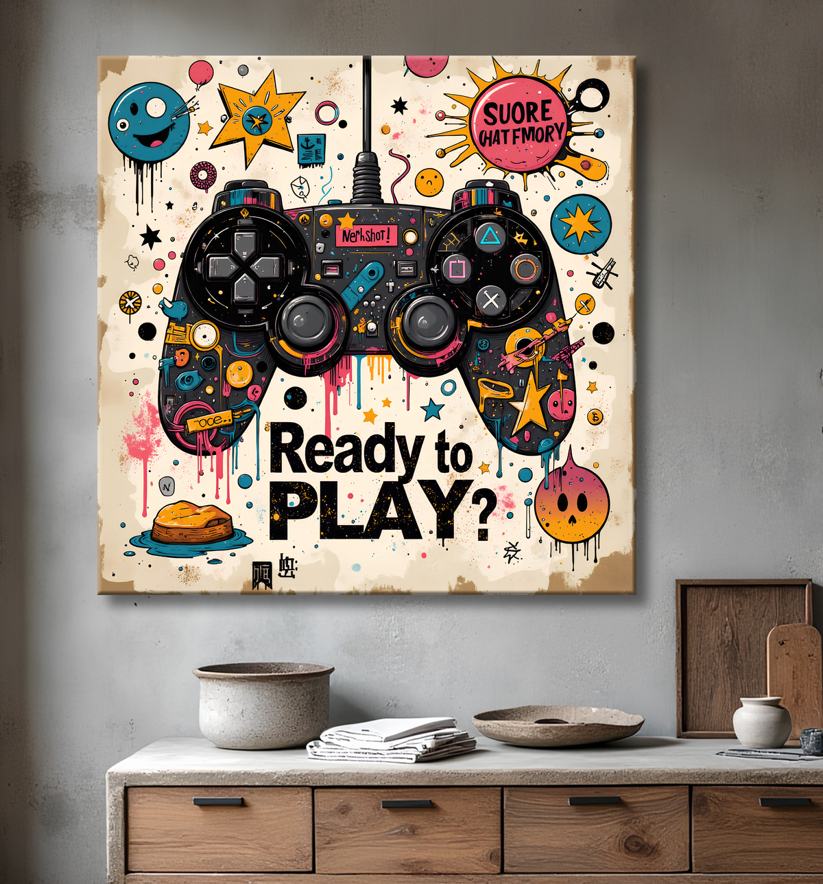 Tableau gaming manette street art avec decor