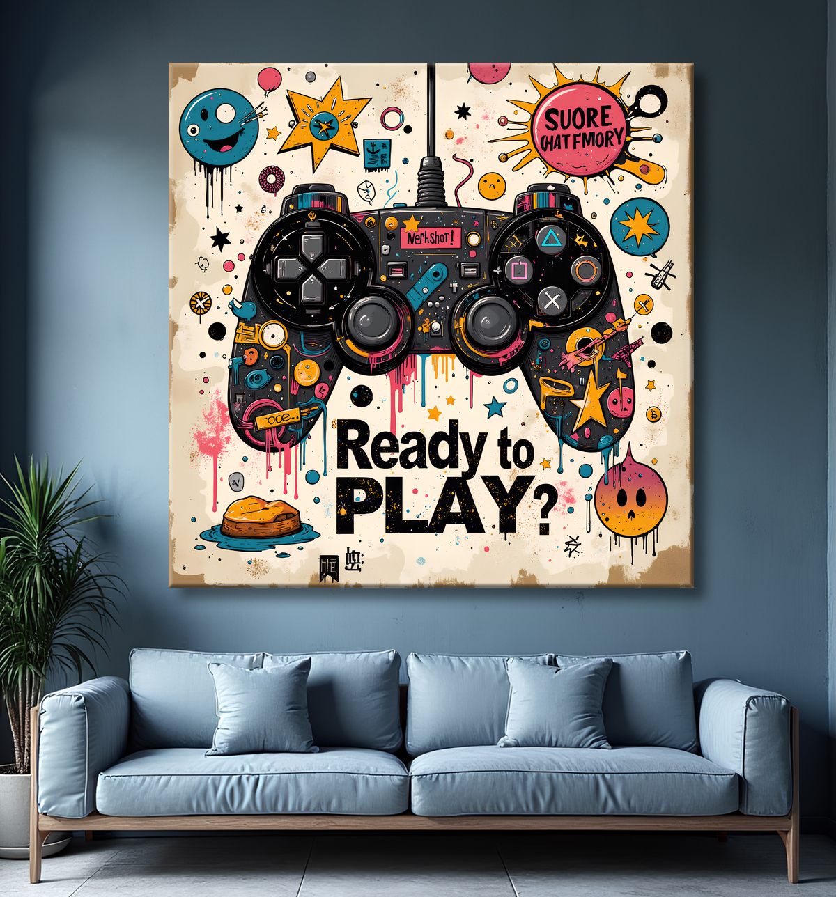Tableau gaming manette street art avec decor