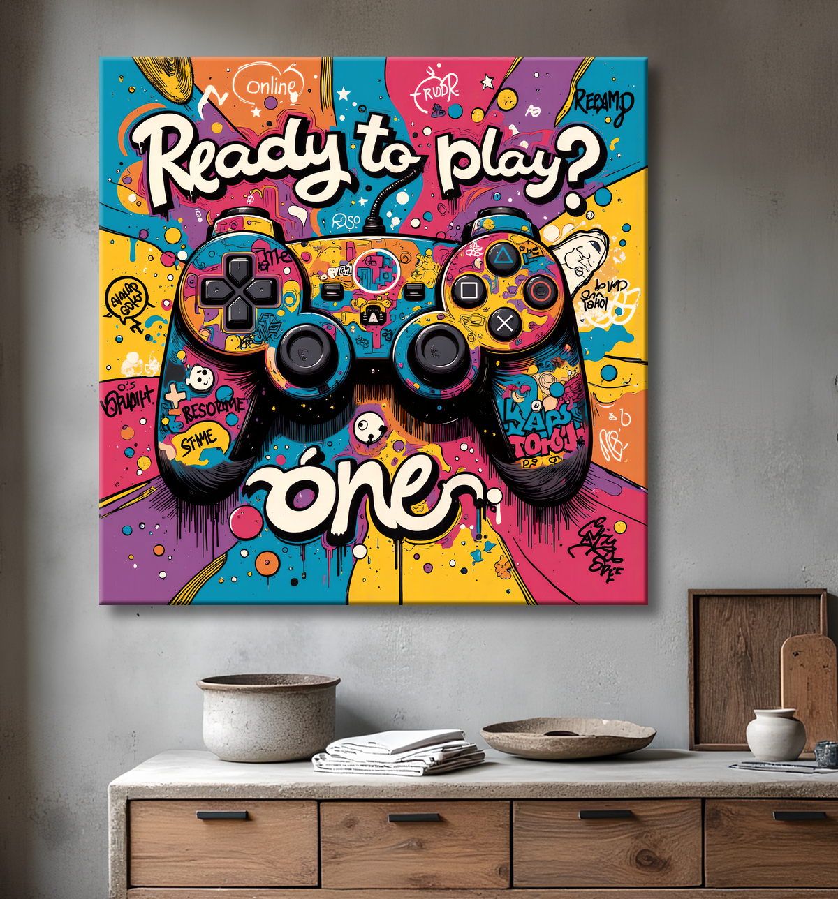 Tableau gaming manette street art avec decor