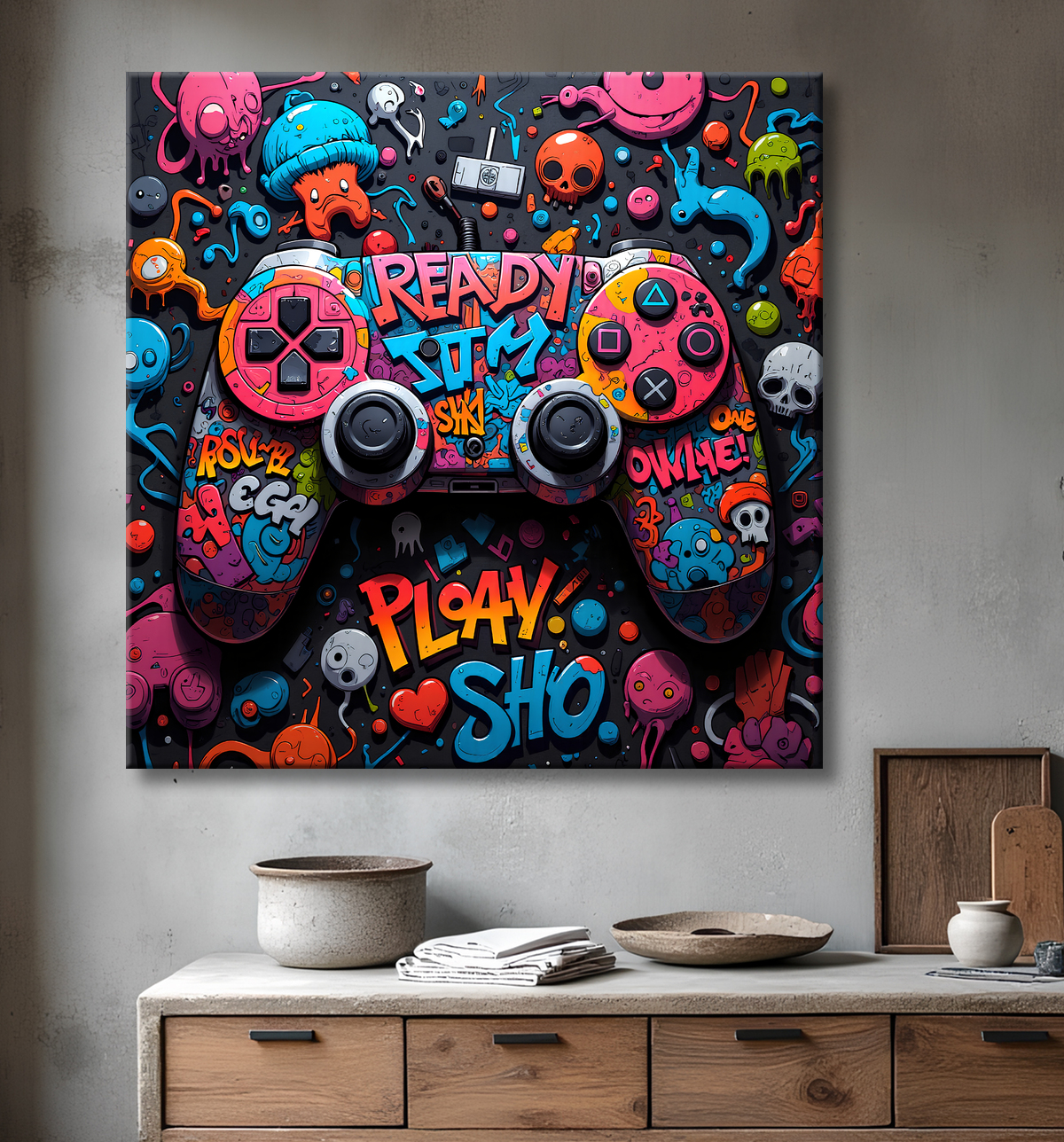 Tableau gaming manette street art avec decor