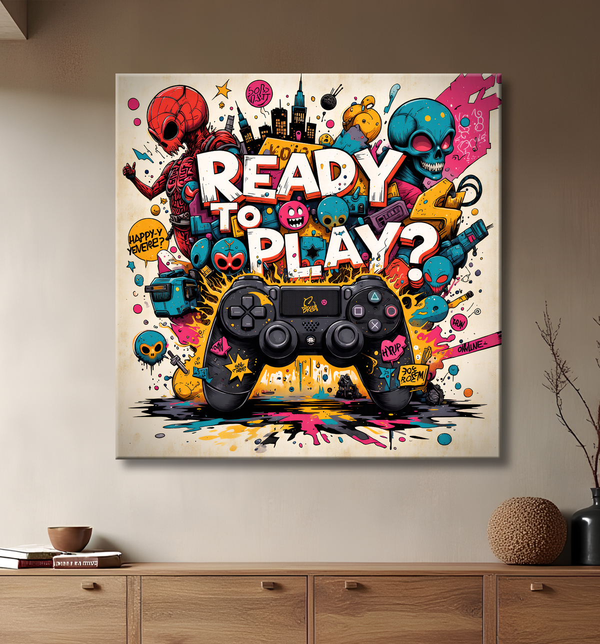 Tableau gaming manette street art avec decor